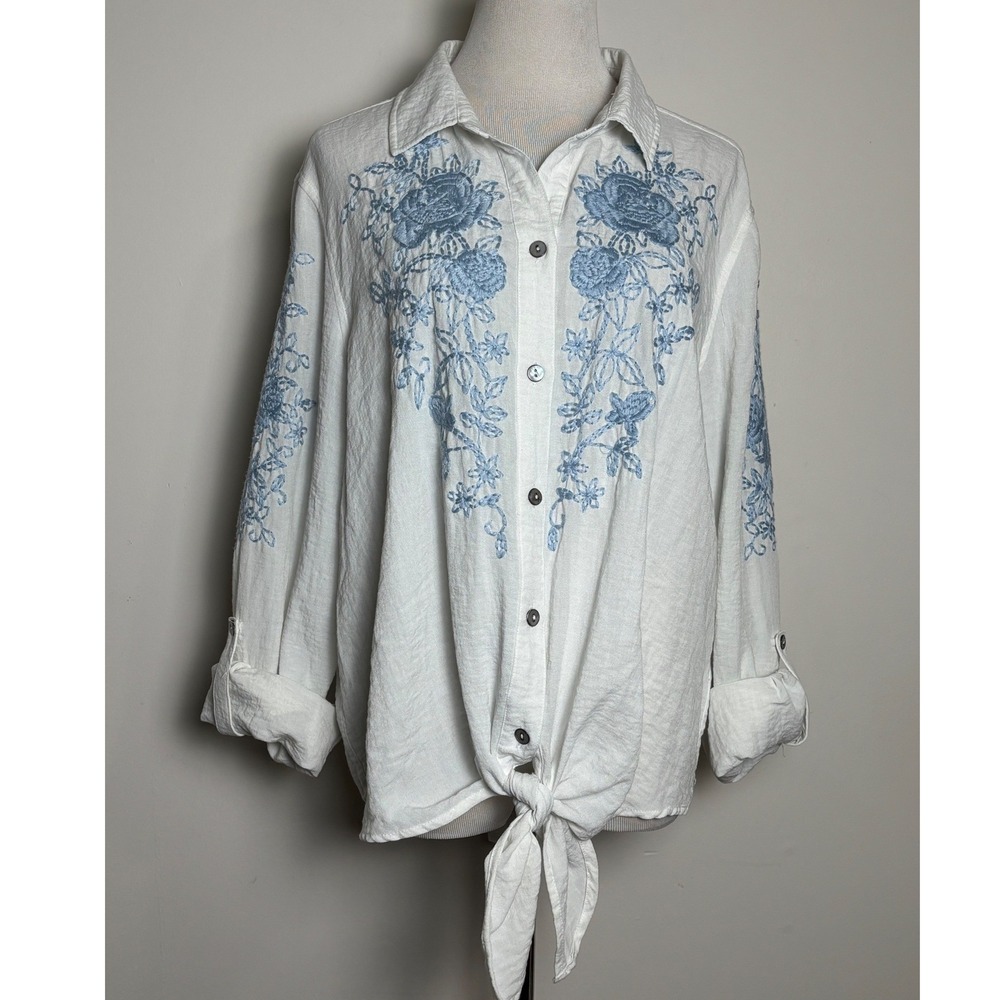 John Mark Womens Embroidered Tie Front Blouse XL Button Front Coastal Cottage